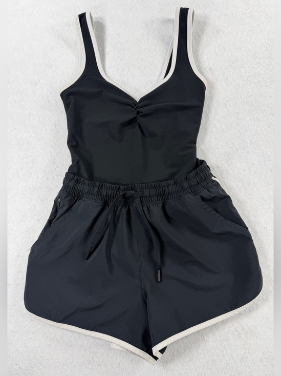 YPB Your Personal Best Pants - YPB Your Personal Best Active Bodysuit Black White Trim Ruched Sweetheart Small